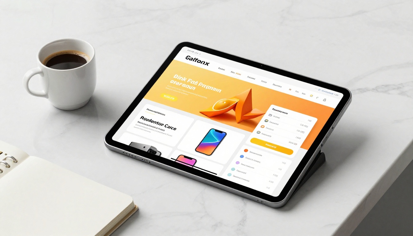 A beautifully designed digital product catalog displayed on a tablet device on a marble desk with an espresso cup and notebook