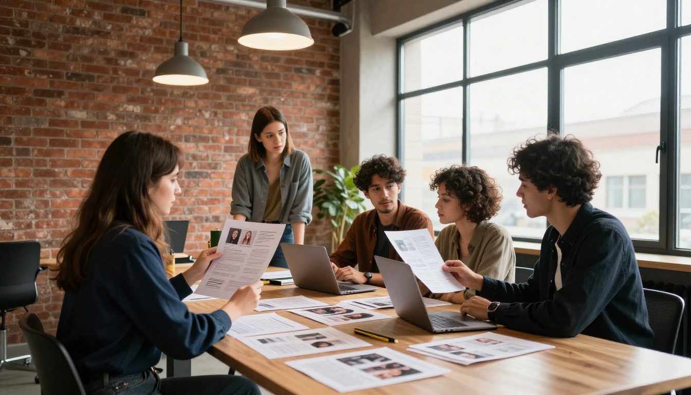 A diverse creative agency team reviewing printed and digital catalog proofs side by side at a standing desk in a brick-walled studio A diverse creative agency team reviewing printed and digital catalog proofs side by side at a standing desk in a brick-walled studio