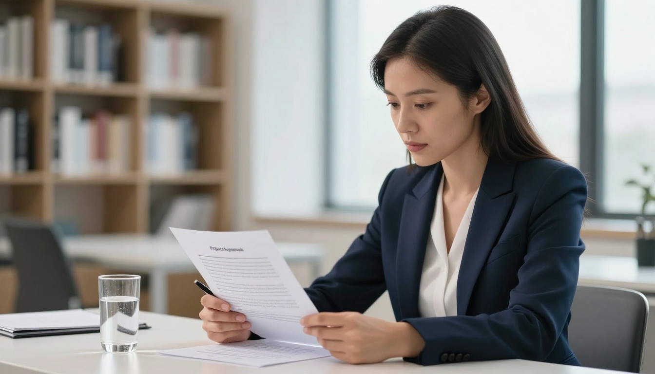A professional woman in a navy blazer reviewing and signing a project agreement contract in a bright minimalist office