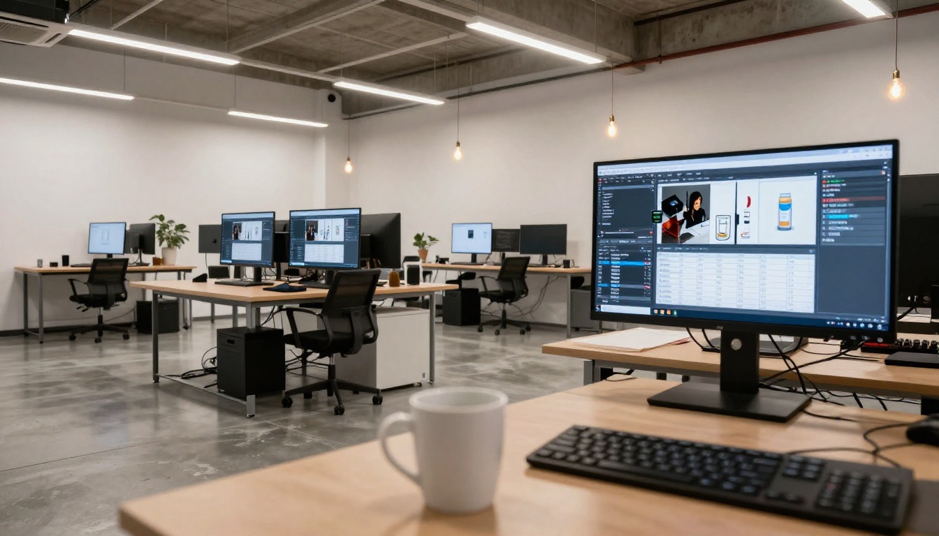 A wide-angle view of a modern e-commerce agency workspace with multiple monitors showing catalog design and production stages
