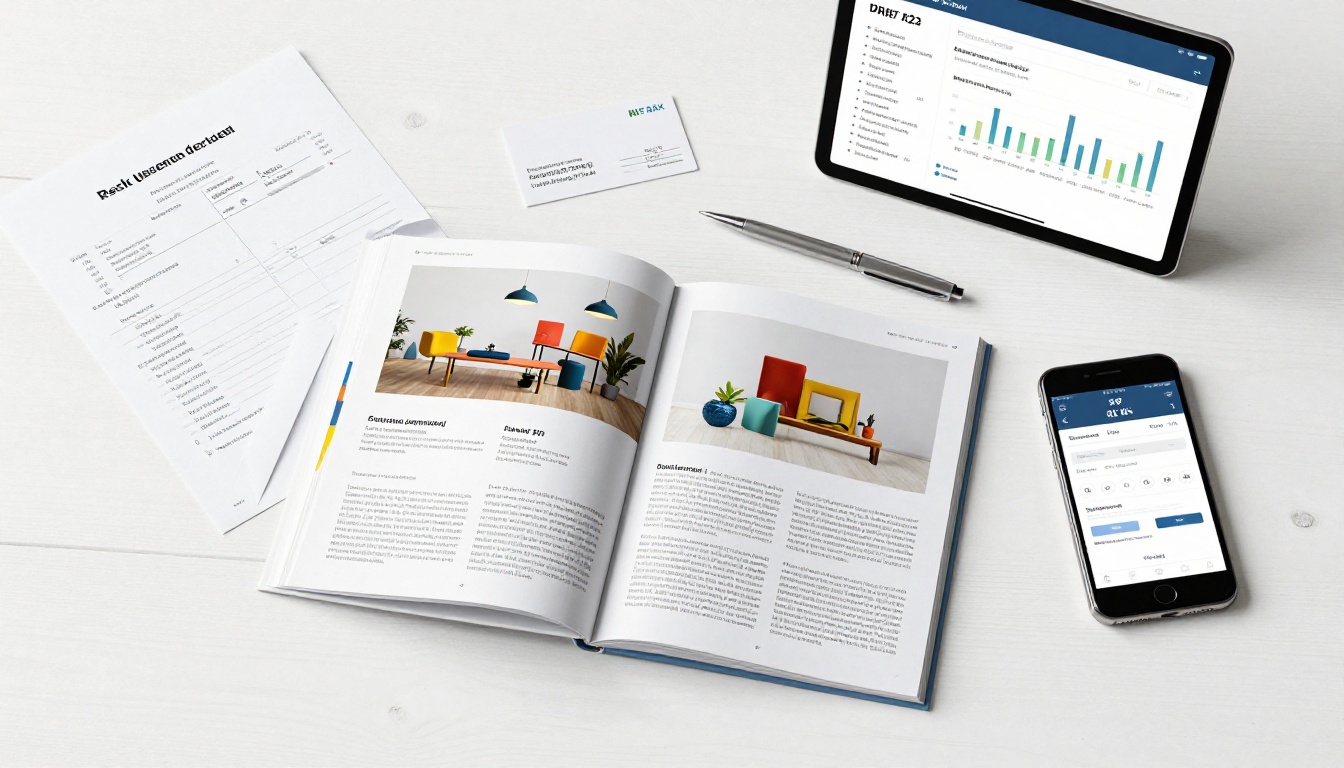 An elegant flat lay of a printed digital catalog, invoice, business card, and smartphone analytics dashboard on a white oak desk