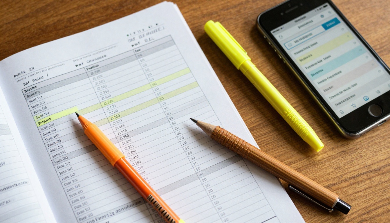 Pricing comparison spreadsheet with highlighter pens and handwritten notes on a wooden desk
