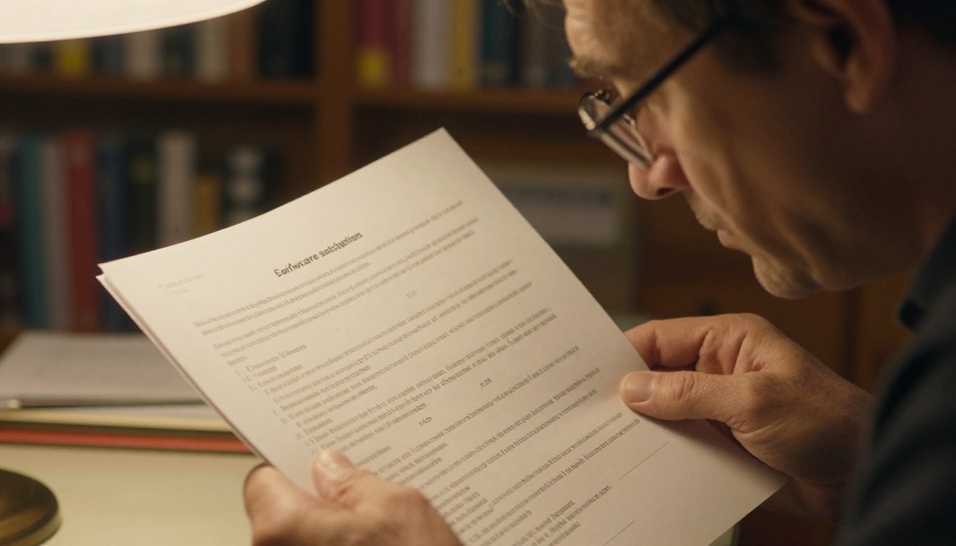 Man with reading glasses closely reading fine print on a contract document at a home office desk