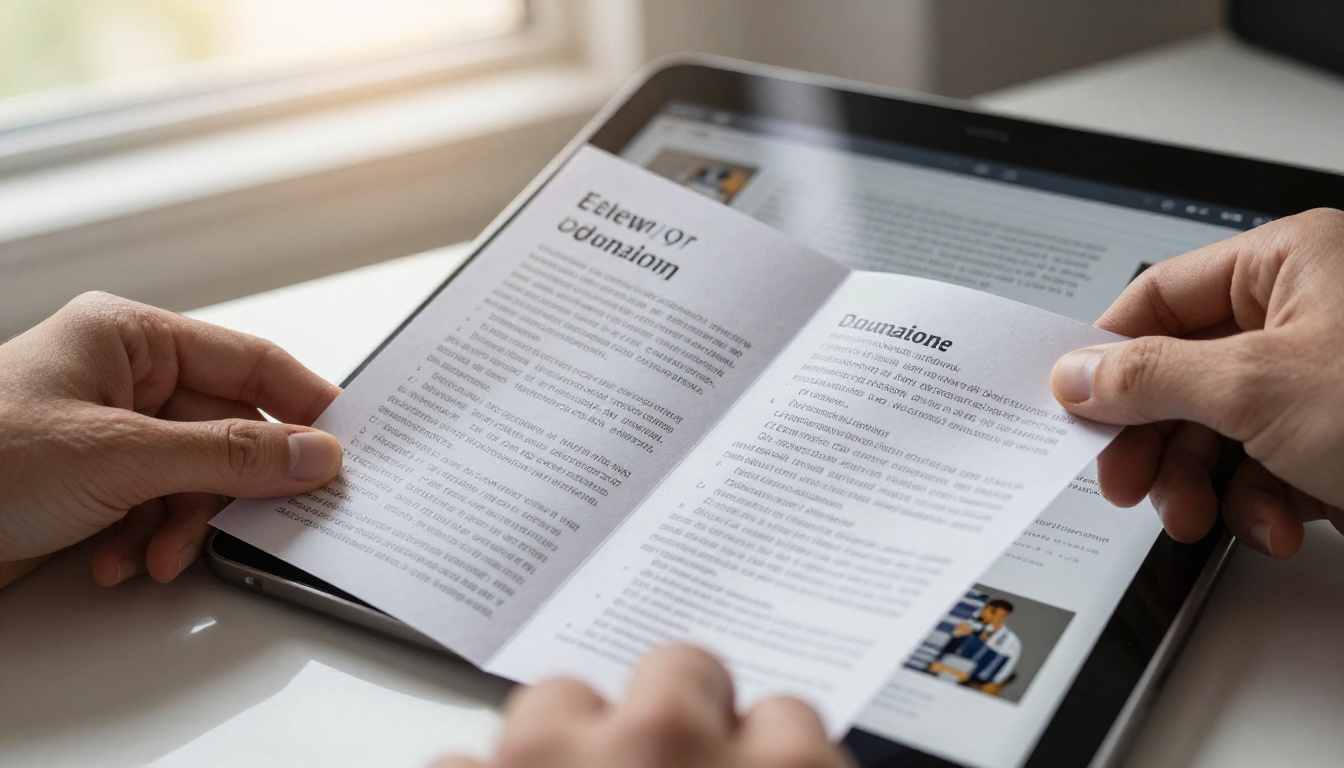 Hands comparing printed brochure next to tablet showing digital flipbook version Hands comparing printed brochure next to tablet showing digital flipbook version