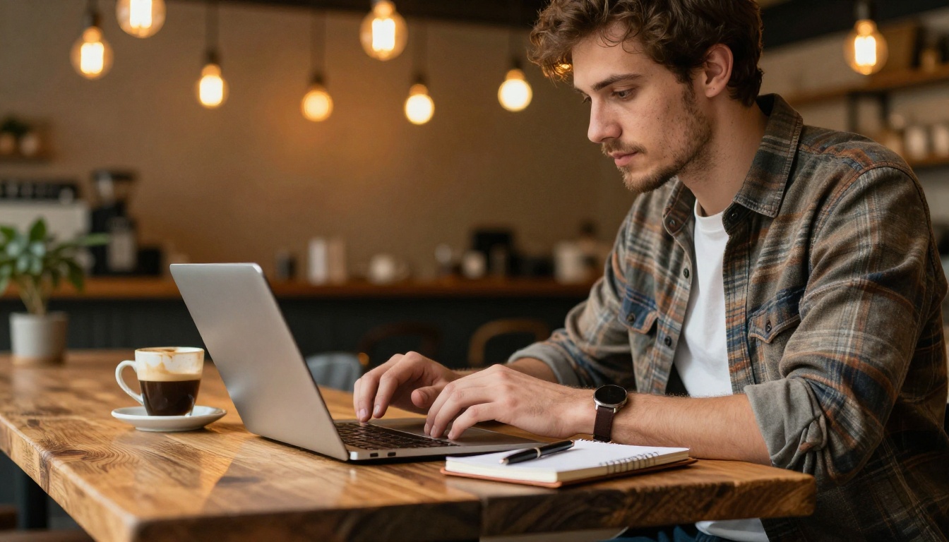 Small business owner reviewing a digital flipbook on laptop at a coffee shop wooden table