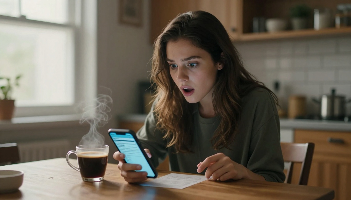 Young woman with surprised expression looking at a billing statement on her phone at a kitchen table with morning coffee Young woman with surprised expression looking at a billing statement on her phone at a kitchen table with morning coffee