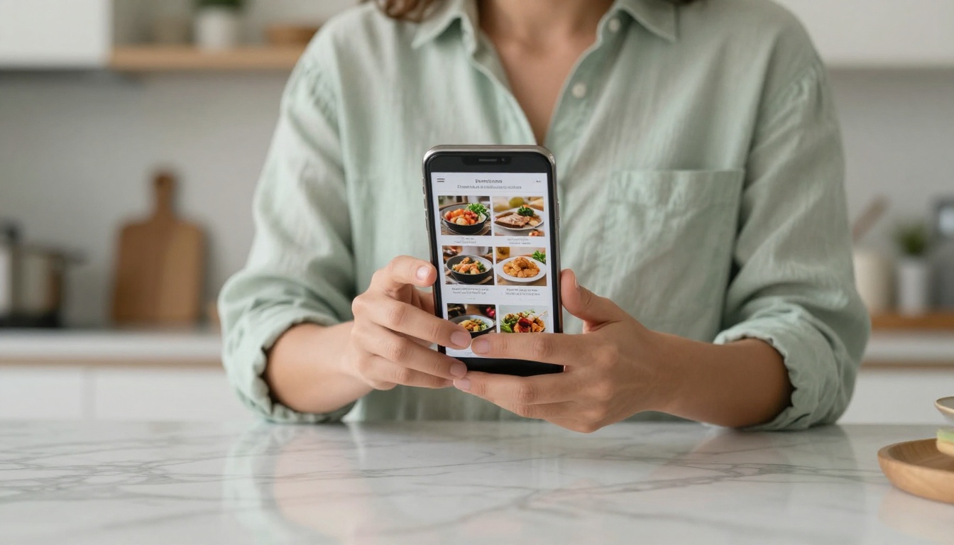 Woman reviewing recipe book flipbook on smartphone at a bright kitchen island