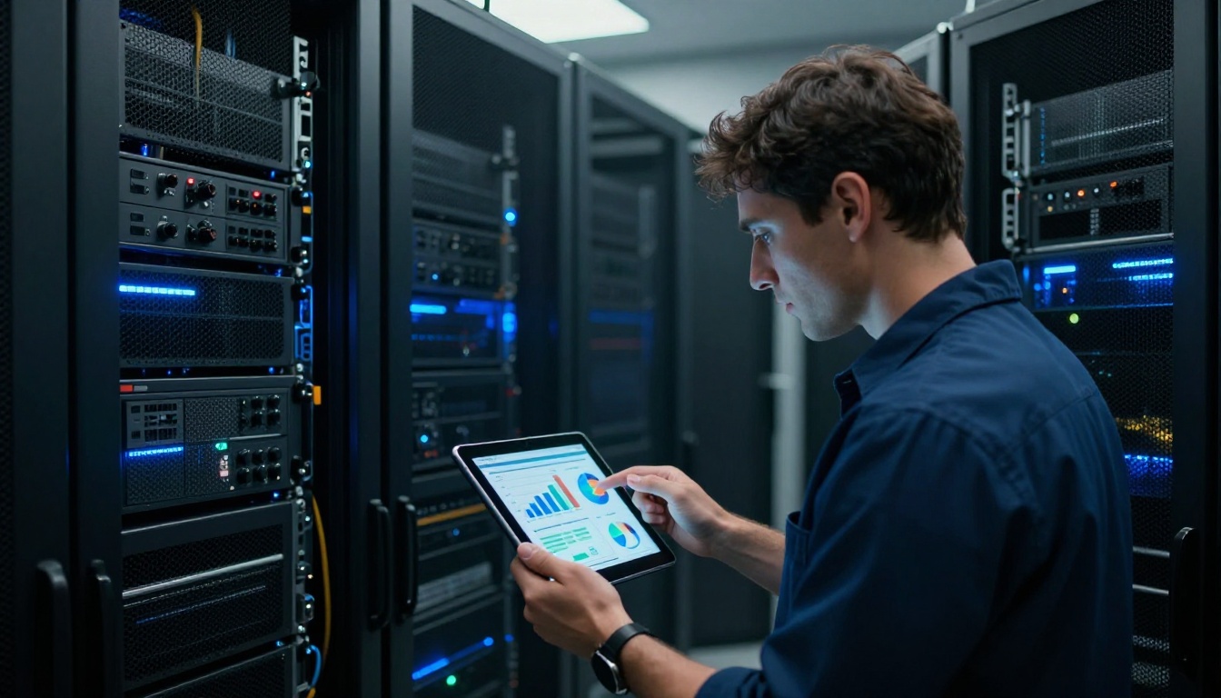 IT technician examining storage and bandwidth usage charts on a tablet in a server room