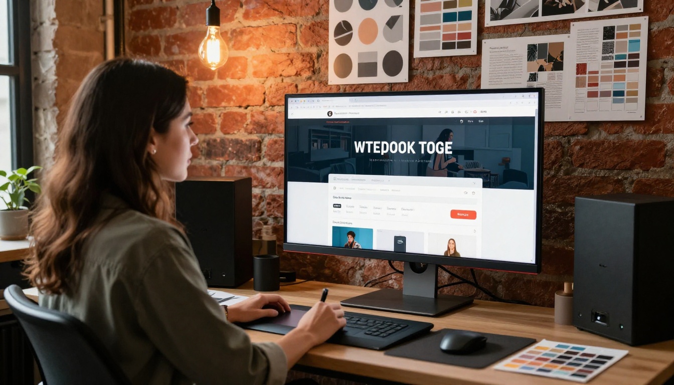 Female graphic designer at a curved monitor displaying domain and branding customization settings in a creative studio