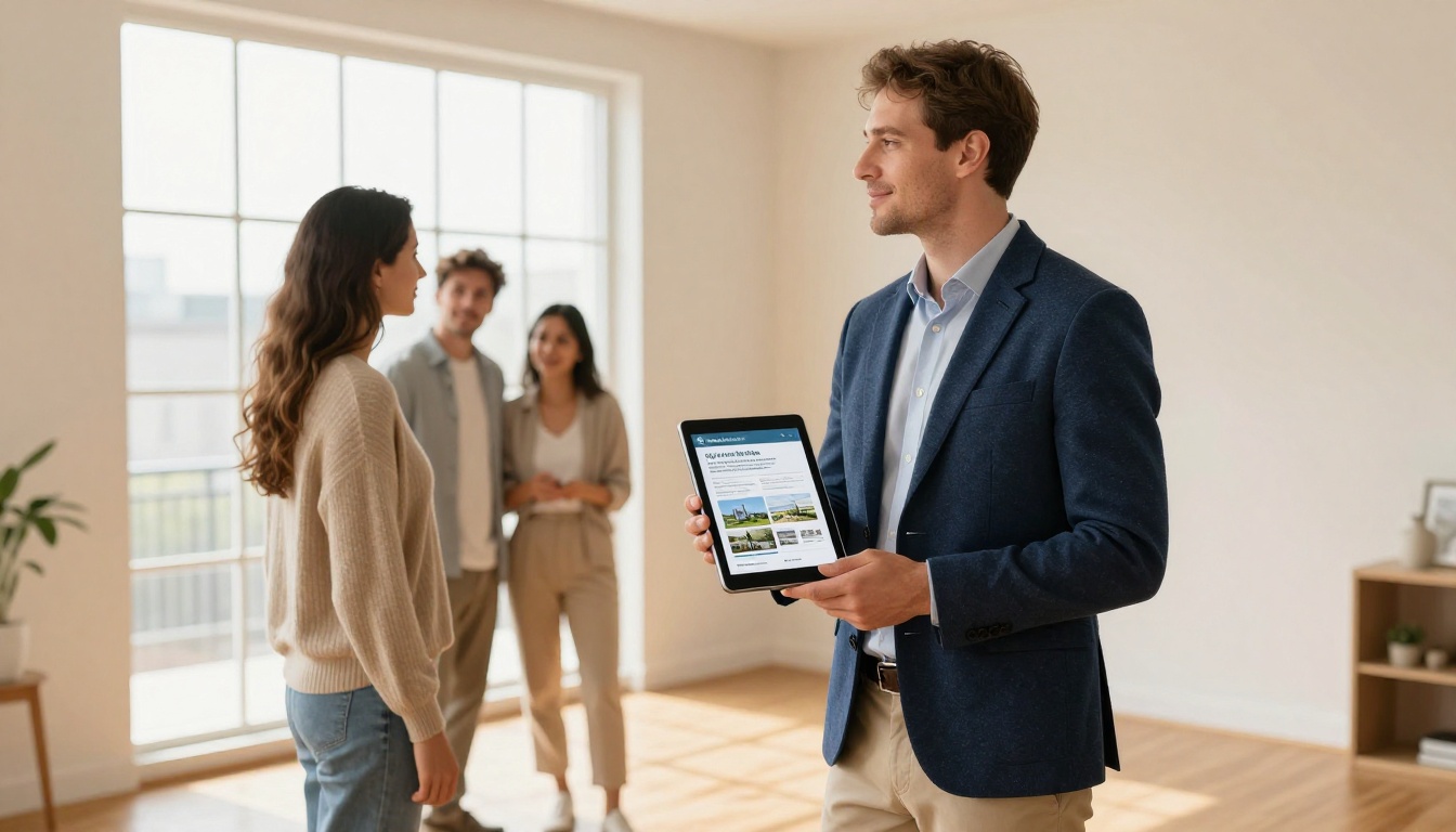 Real estate agent showing branded property flipbook on tablet to a young couple