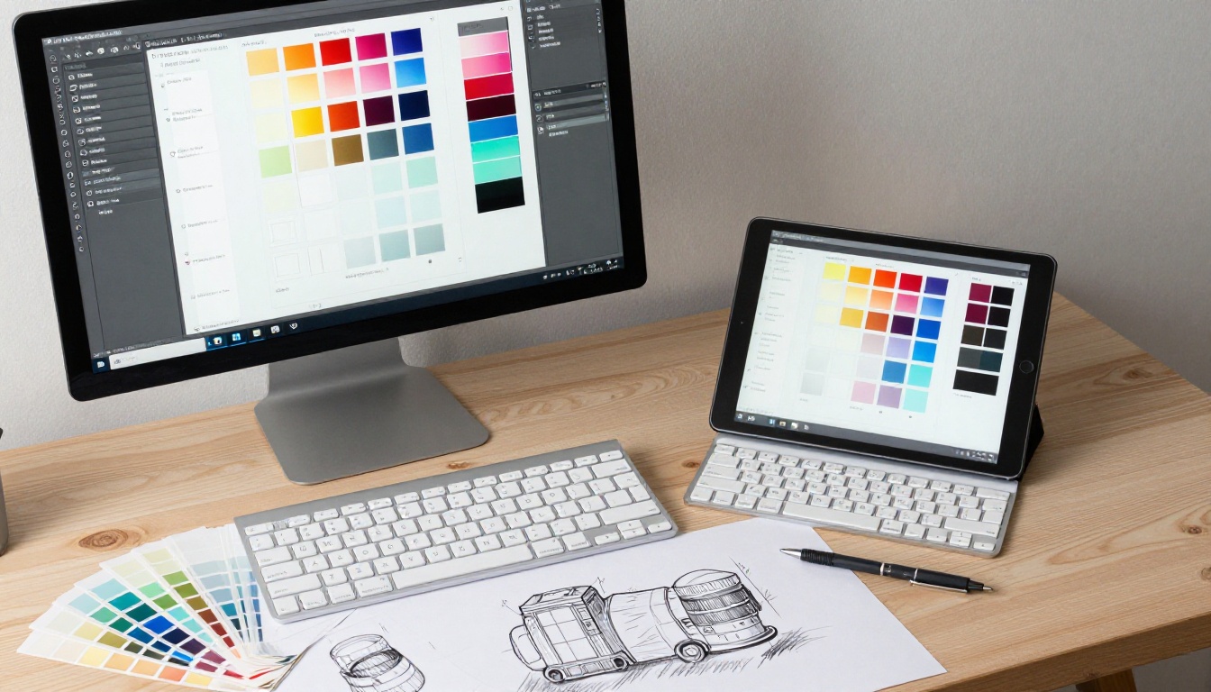 Graphic designer workspace with monitor showing flipbook customization interface and color swatches