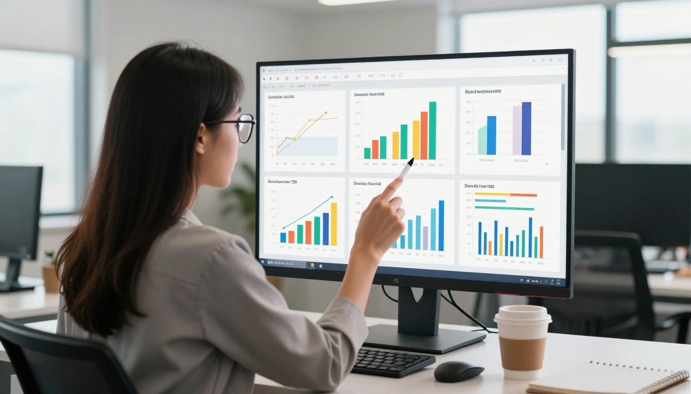 Business analyst pointing at an analytics dashboard on a large widescreen monitor in a corporate office