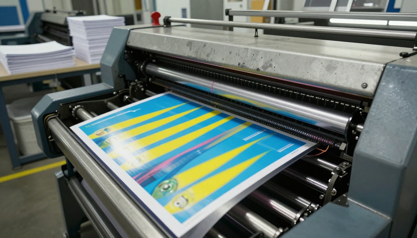 Commercial printing press running glossy product catalog pages through ink rollers in a busy print factory Commercial printing press running glossy product catalog pages through ink rollers in a busy print factory
