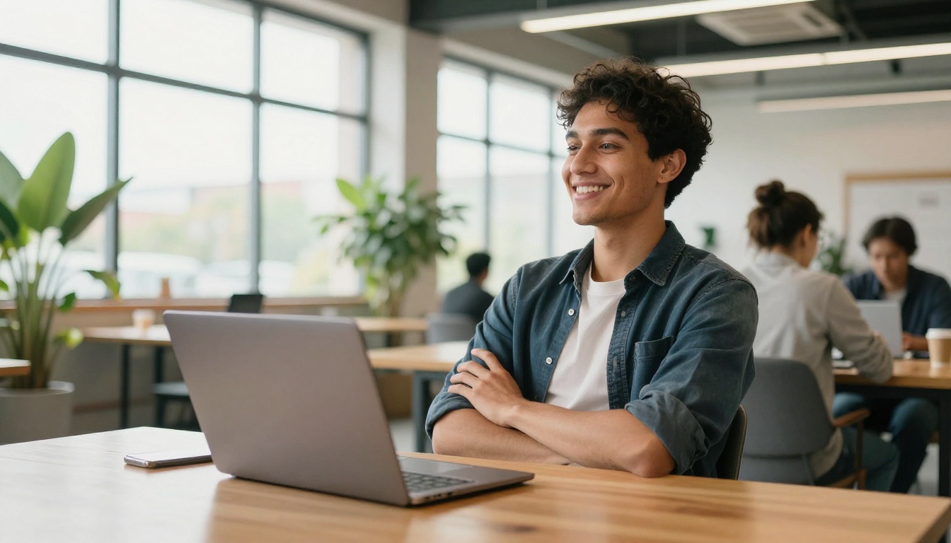 Smiling entrepreneur at a bright co-working space with natural light from large windows behind him Smiling entrepreneur at a bright co-working space with natural light from large windows behind him