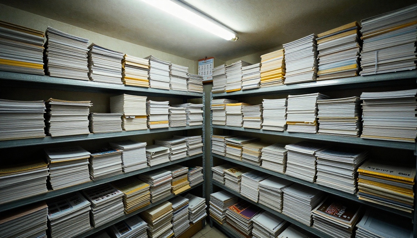 Shelves in a small shop back room overflowing with stacked, unsold, yellowing printed catalogs Shelves in a small shop back room overflowing with stacked, unsold, yellowing printed catalogs
