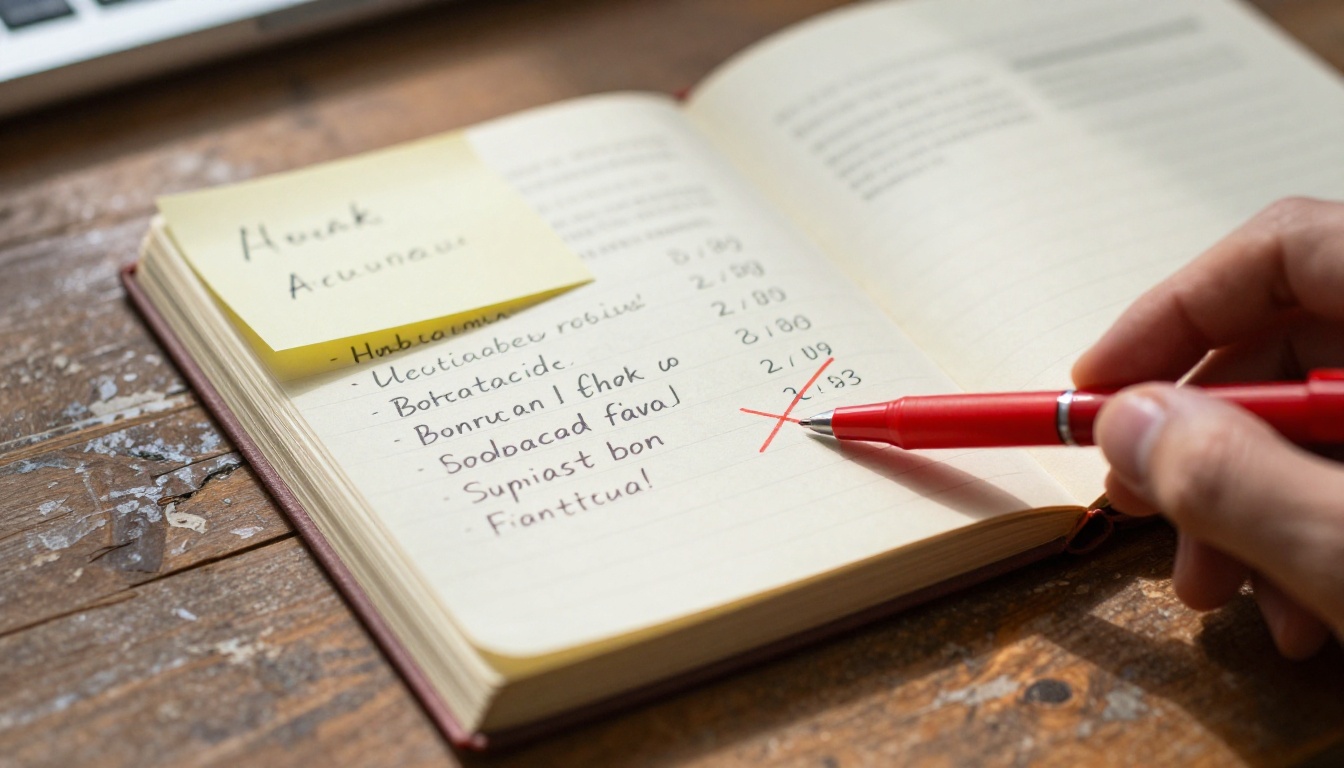 Printed product catalog open on a desk with prices crossed out in red pen, a handwritten note visible on the page Printed product catalog open on a desk with prices crossed out in red pen, a handwritten note visible on the page