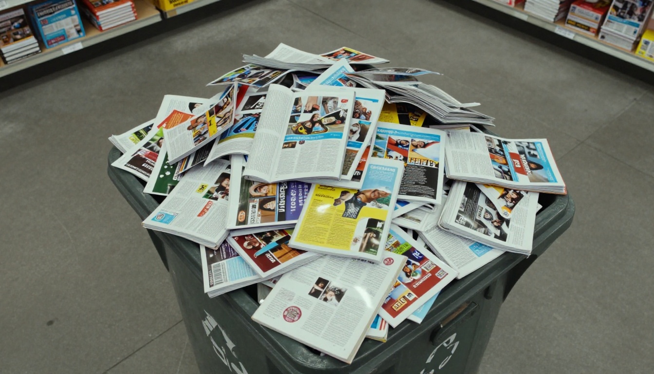 Recycling bin overflowing with discarded printed product catalogs, many still pristine and unopened, on a concrete floor Recycling bin overflowing with discarded printed product catalogs, many still pristine and unopened, on a concrete floor