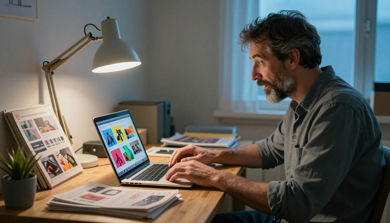 Small business owner at a desk, relieved expression, laptop showing a digital interactive product catalog with old printed catalogs pushed aside Small business owner at a desk, relieved expression, laptop showing a digital interactive product catalog with old printed catalogs pushed aside