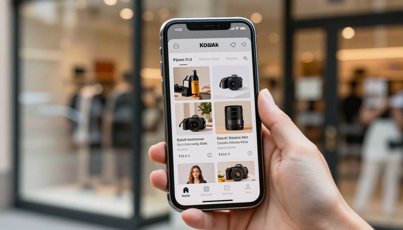 Woman holding a smartphone displaying a beautiful digital product catalog outside a retail storefront, afternoon sunlight from behind Woman holding a smartphone displaying a beautiful digital product catalog outside a retail storefront, afternoon sunlight from behind