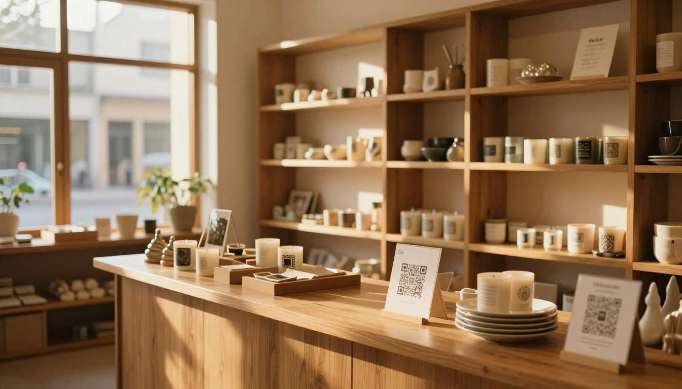 Small independent gift shop interior with handmade goods on wooden shelves and a QR code display card on the front counter Small independent gift shop interior with handmade goods on wooden shelves and a QR code display card on the front counter