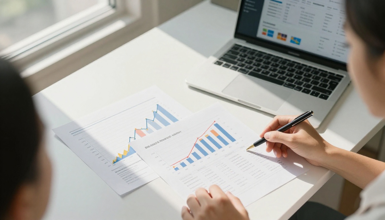 Business owner reviewing printed analytics charts and digital campaign performance reports spread across a bright office desk Business owner reviewing printed analytics charts and digital campaign performance reports spread across a bright office desk