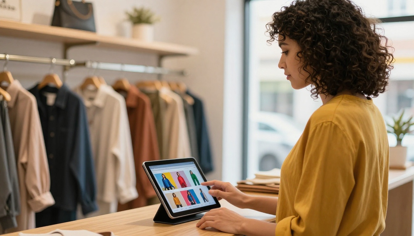 Female shop assistant in a clothing boutique standing at a tablet kiosk showing an interactive digital catalog to a browsing customer Female shop assistant in a clothing boutique standing at a tablet kiosk showing an interactive digital catalog to a browsing customer