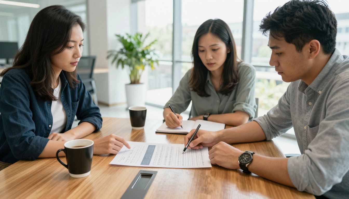 Client and designer reviewing subscription pricing document at conference table