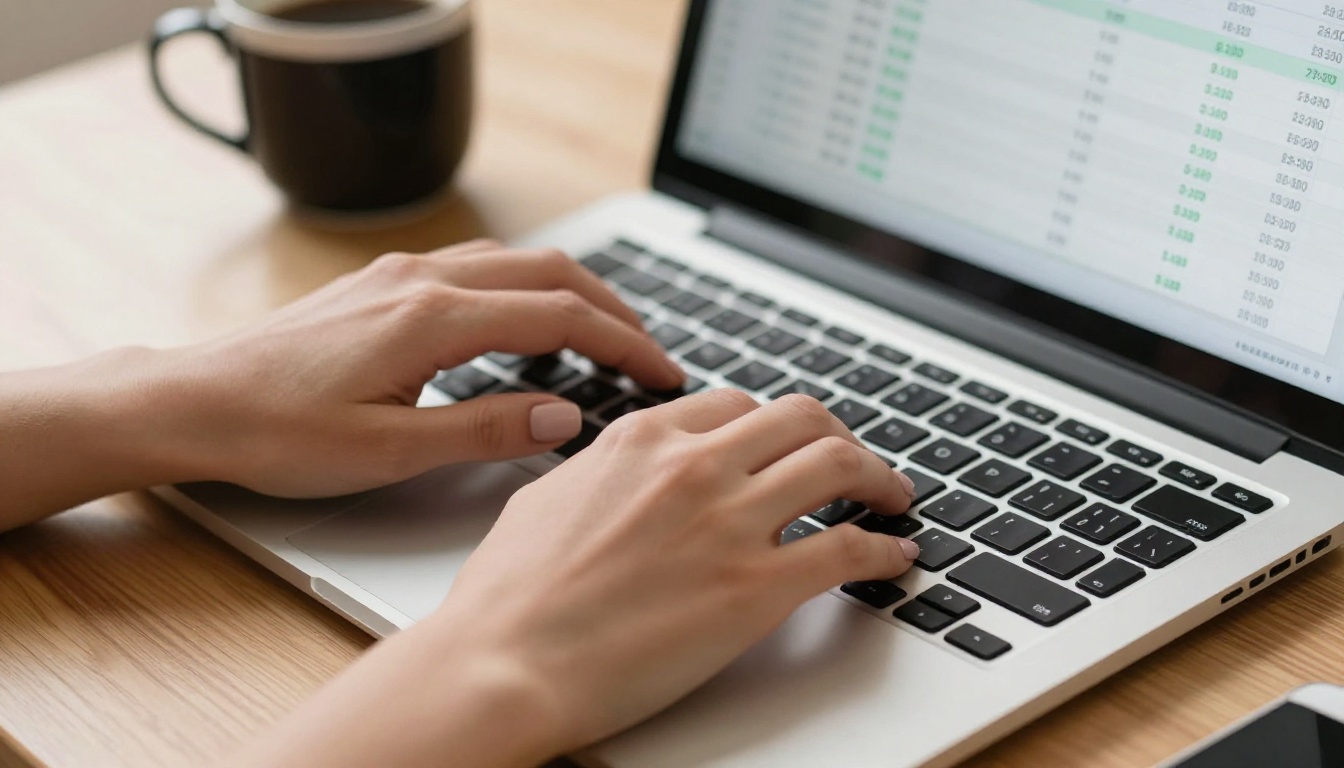Woman's hands typing on laptop showing recurring monthly income spreadsheet