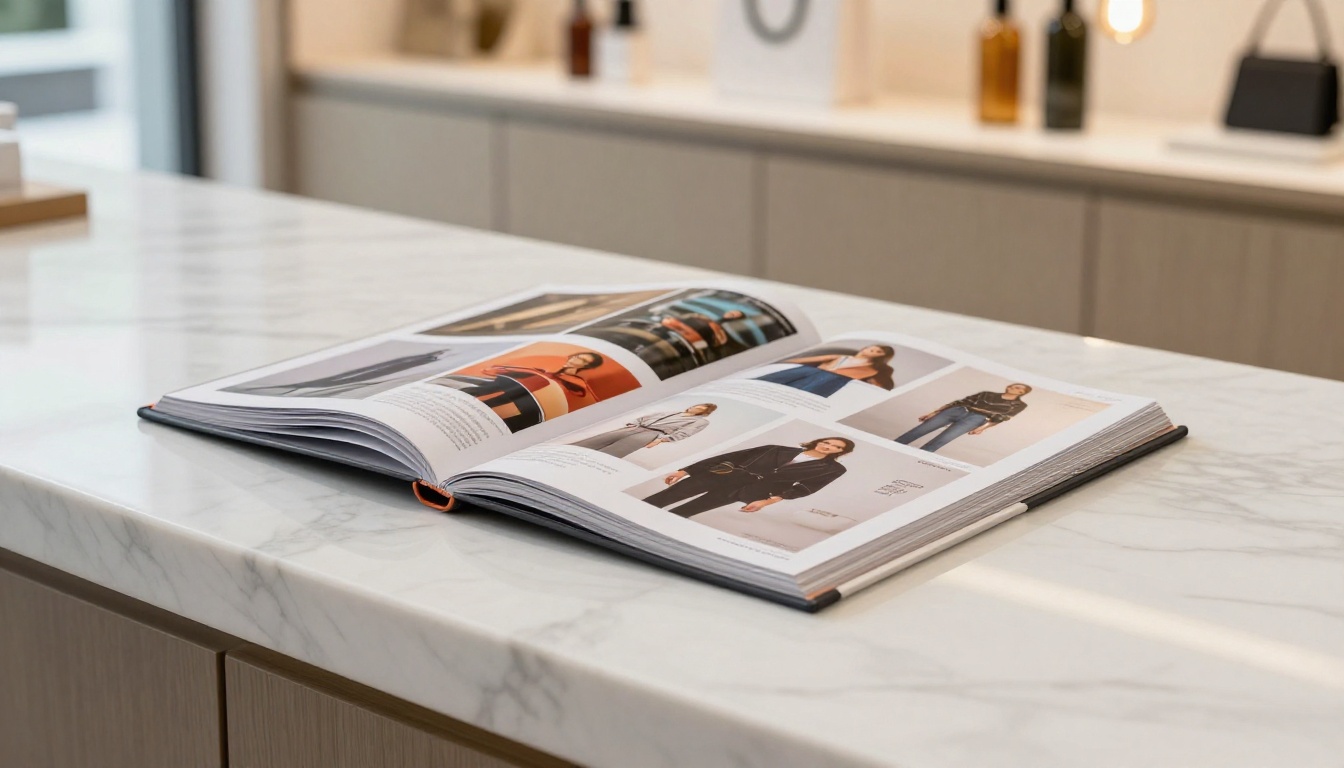 Product catalog open on marble retail counter with fashion items and store shelving