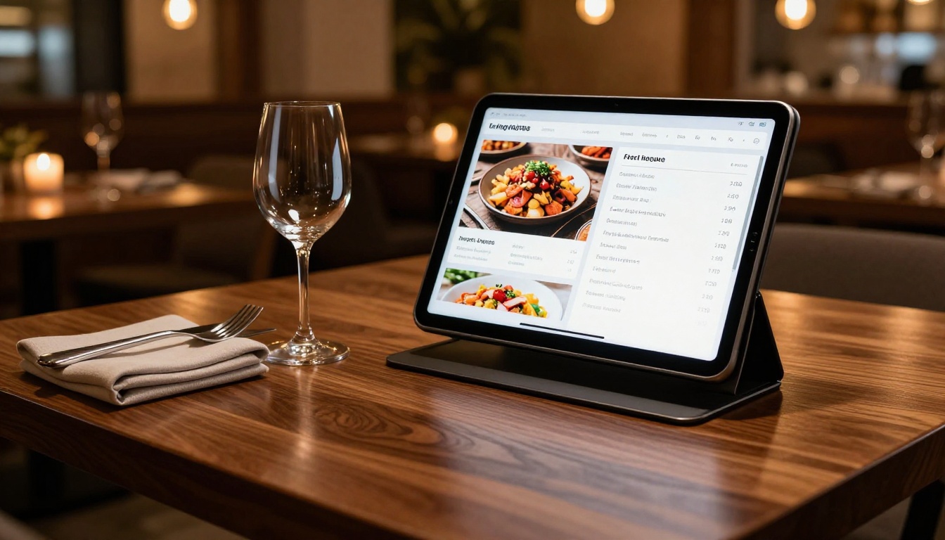 iPad displaying restaurant digital menu on dining table with cutlery and wine glass iPad displaying restaurant digital menu on dining table with cutlery and wine glass