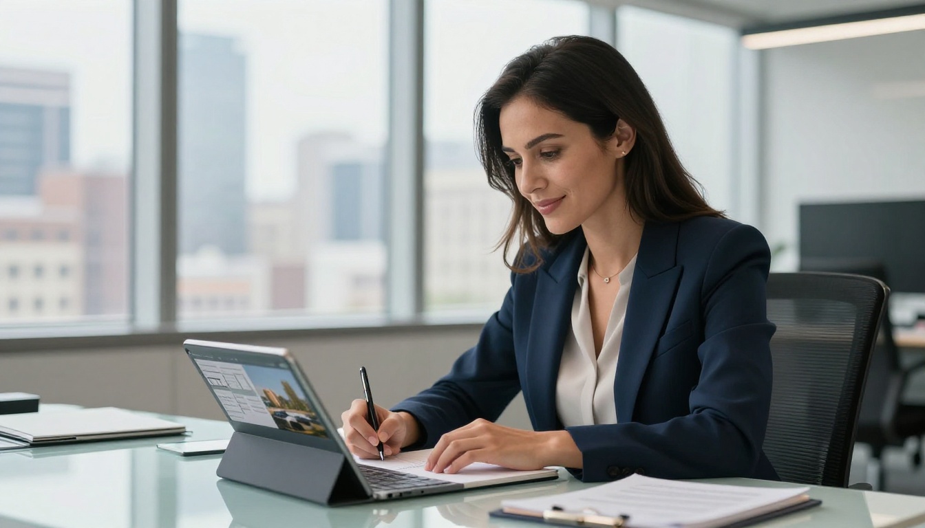 Real estate agent reviewing digital property brochure on tablet in modern office Real estate agent reviewing digital property brochure on tablet in modern office