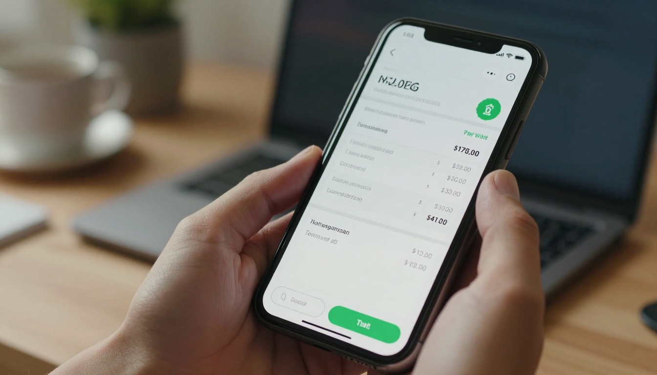 Smartphone showing monthly recurring invoice with green paid badge icon Smartphone showing monthly recurring invoice with green paid badge icon