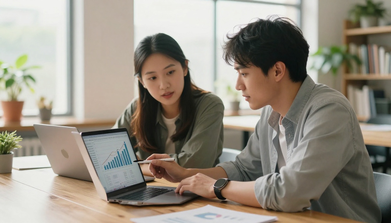 Two professionals reviewing analytics charts on laptop in bright co-working space