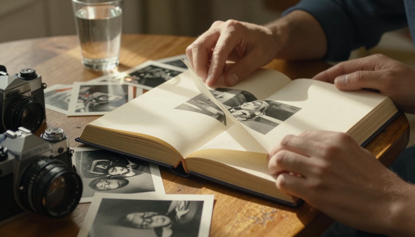 Close-up of hands turning photography book pages revealing black-and-white portrait, warm golden light on oak desk