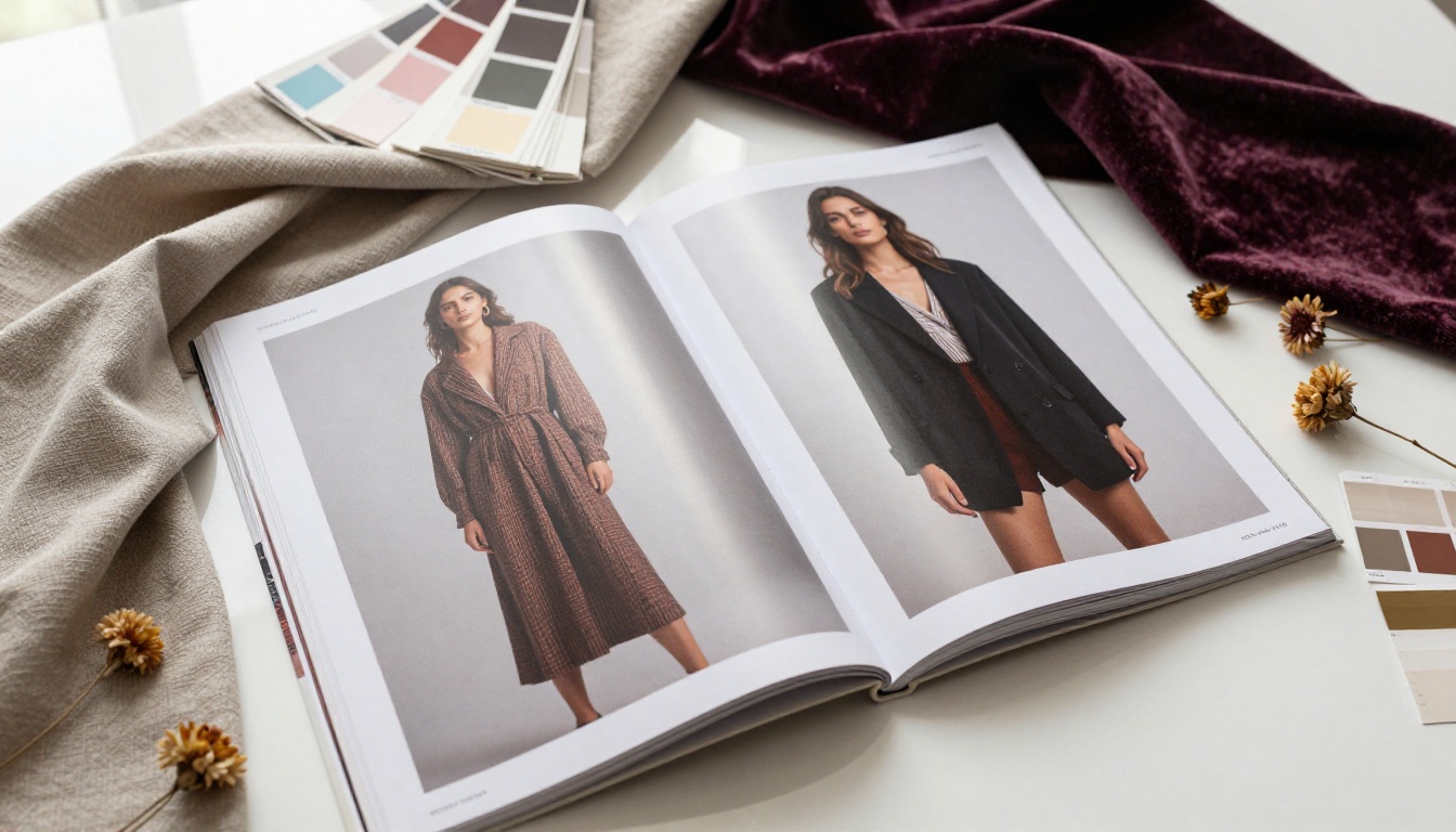 Fashion lookbook open on glossy white surface surrounded by fabric swatches and Pantone color fan Fashion lookbook open on glossy white surface surrounded by fabric swatches and Pantone color fan