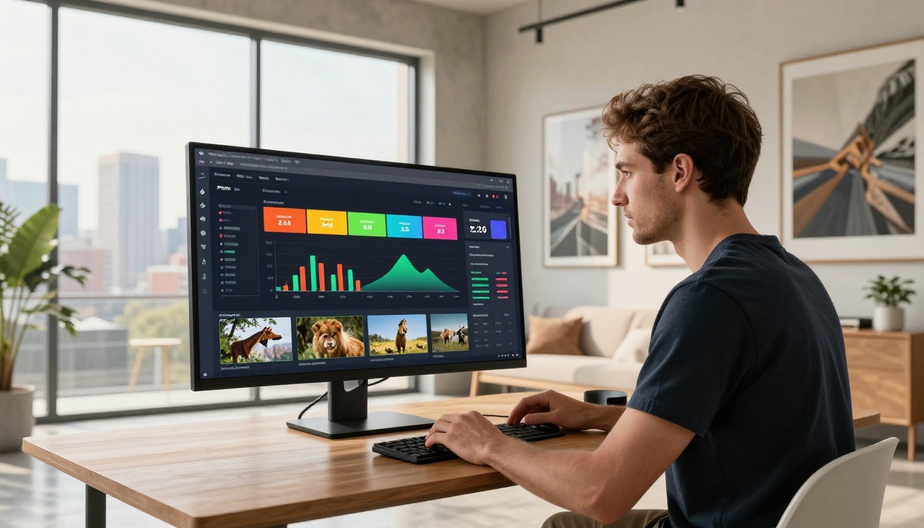 Young male photographer at standing desk with dual monitors showing flipbook preview and sales analytics dashboard in modern office Young male photographer at standing desk with dual monitors showing flipbook preview and sales analytics dashboard in modern office