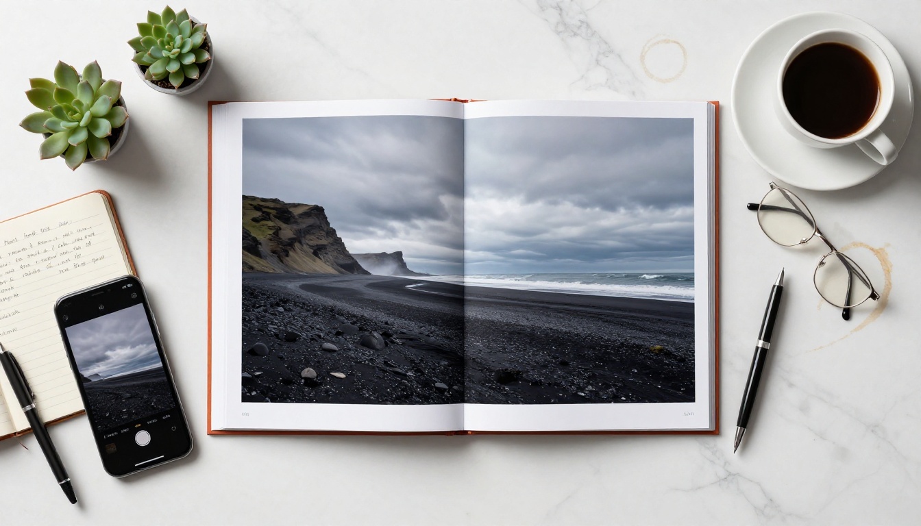 Aerial top-down flat lay of open photography book on marble desk with smartphone showing the same work as a digital flipbook