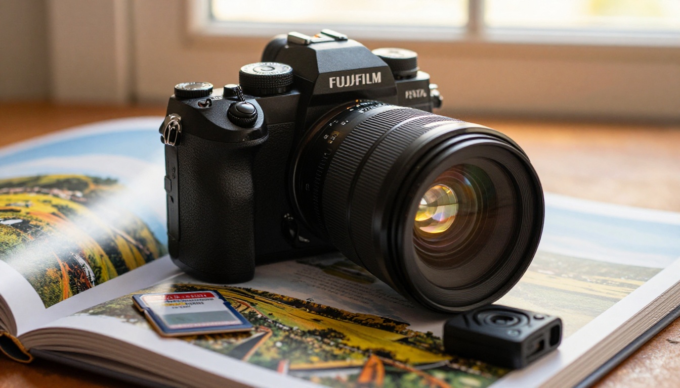 Macro close-up of professional mirrorless camera and prime lens resting on an open photography book with vivid color landscape spreads