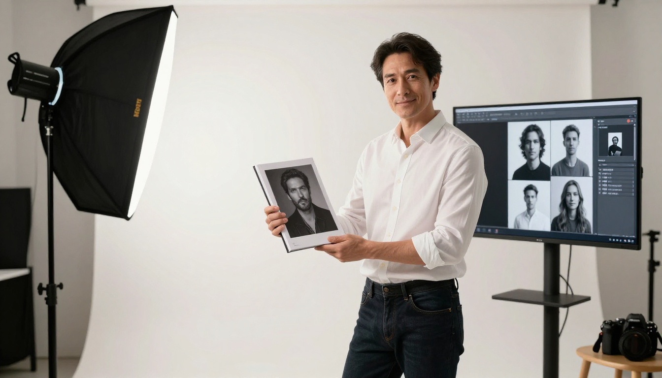 Male portrait photographer in white studio showing open photography book to a client with a digital flipbook monitor visible in background