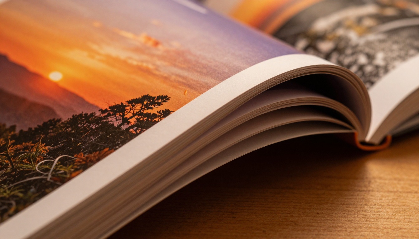 Close-up detail of photography book page mid-turn showing vivid sunset landscape photograph with graceful page curl visible Close-up detail of photography book page mid-turn showing vivid sunset landscape photograph with graceful page curl visible