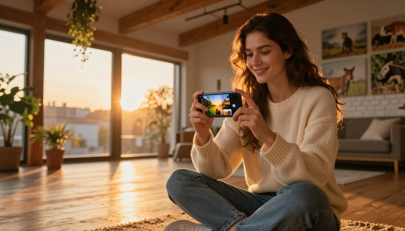 Young female wildlife photographer in sunlit loft apartment, golden hour light pouring through windows, holding smartphone showing vivid photography flipbook Young female wildlife photographer in sunlit loft apartment, golden hour light pouring through windows, holding smartphone showing vivid photography flipbook