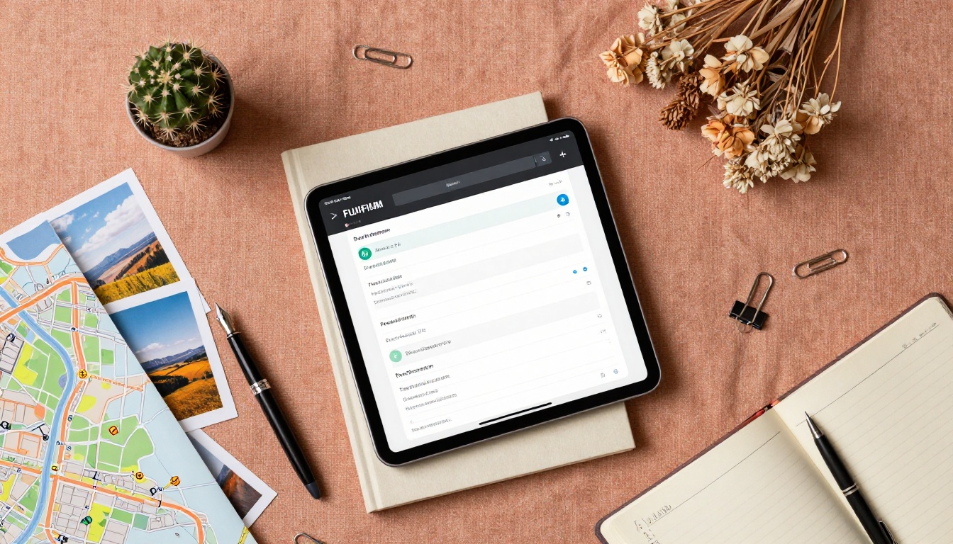 Overhead flat lay of photographer's workspace with tablet showing sales analytics, photographic prints, and handwritten pricing notes on warm linen surface Overhead flat lay of photographer's workspace with tablet showing sales analytics, photographic prints, and handwritten pricing notes on warm linen surface