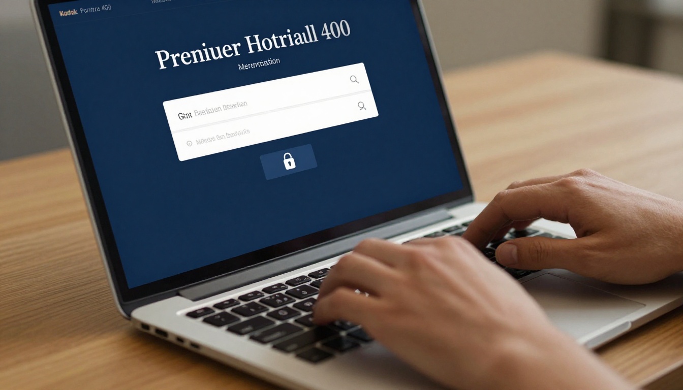 A businessman's hands over a laptop with a paywall login screen on the monitor