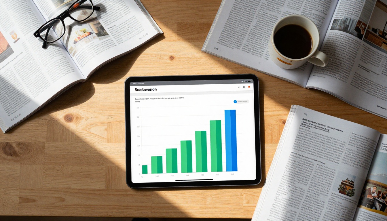 Aerial flat lay of magazine spreads and a tablet showing subscriber analytics with rising revenue bars