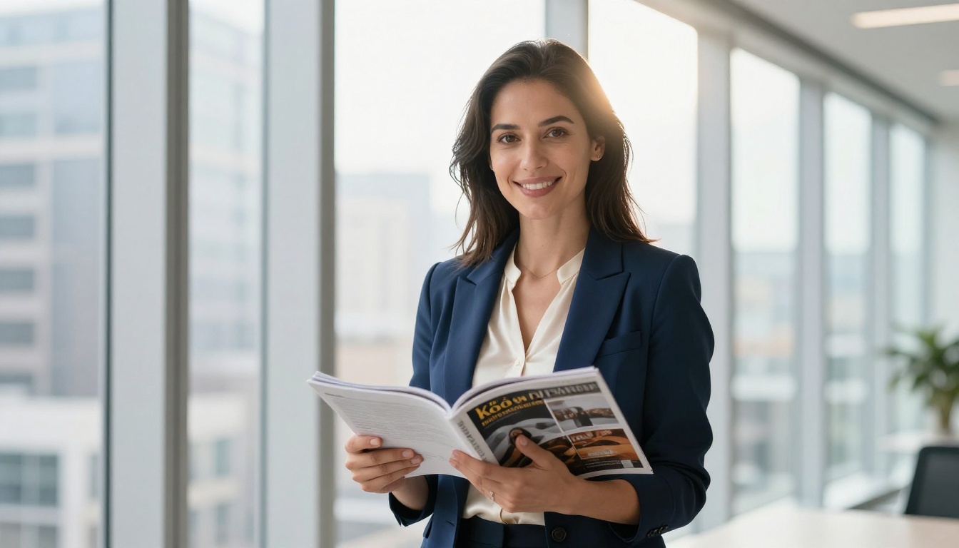 A confident woman in a navy blazer holding a magazine open in a glass-walled office with urban skyline behind