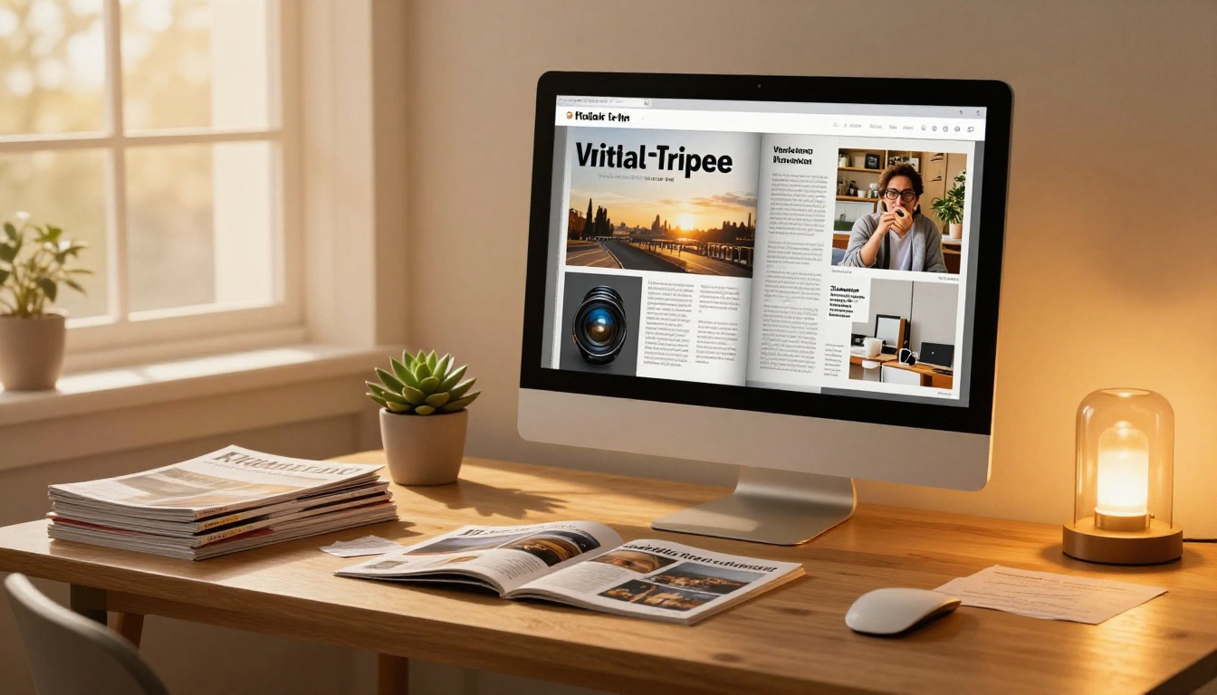 A magazine publisher working at a home studio iMac with a digital flipbook displayed on screen