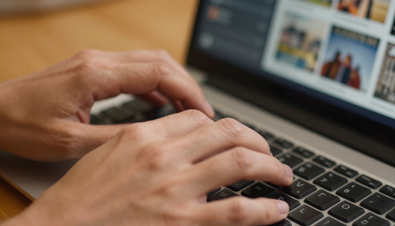 Hands typing on a mechanical keyboard with a blurred digital magazine interface visible in the background