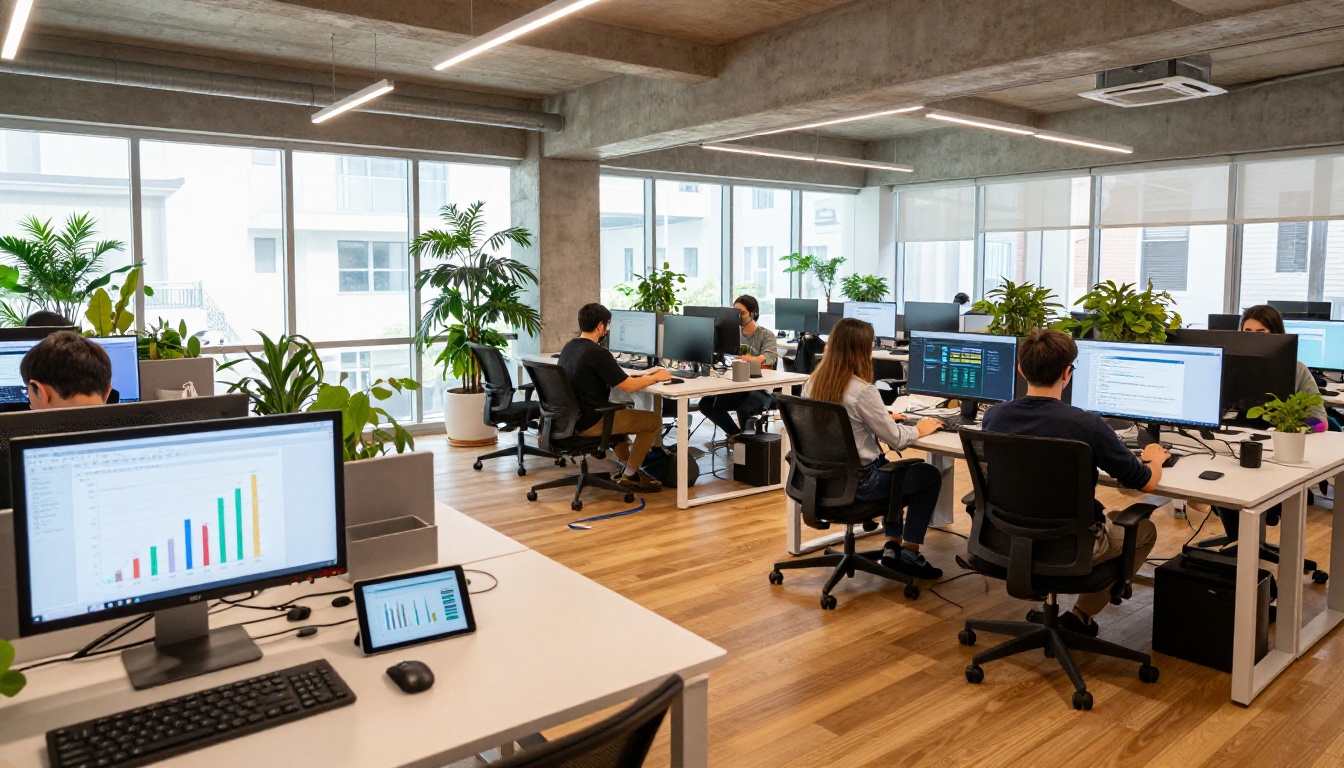 Modern open-plan media office with natural skylights and team members working at analytics dashboards