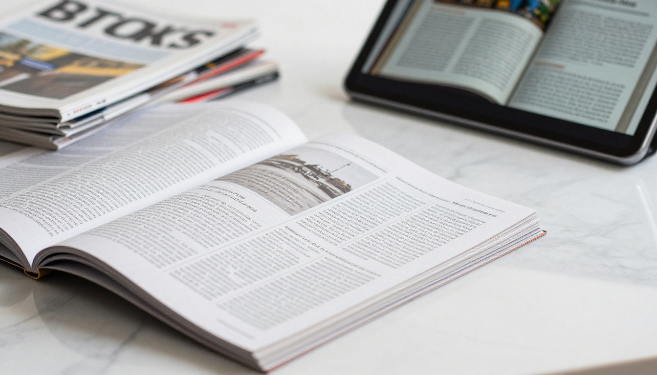 Print magazines alongside a digital flipbook on tablet