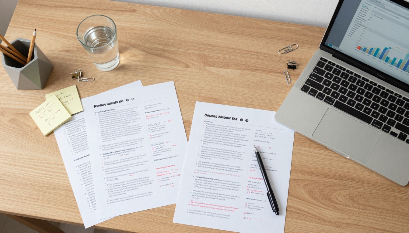 Aerial workspace flat-lay with newsletter proofs and subscriber analytics